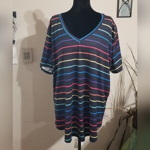 Black V-Neck Short Sleeve Tee with Multicolor Stripes